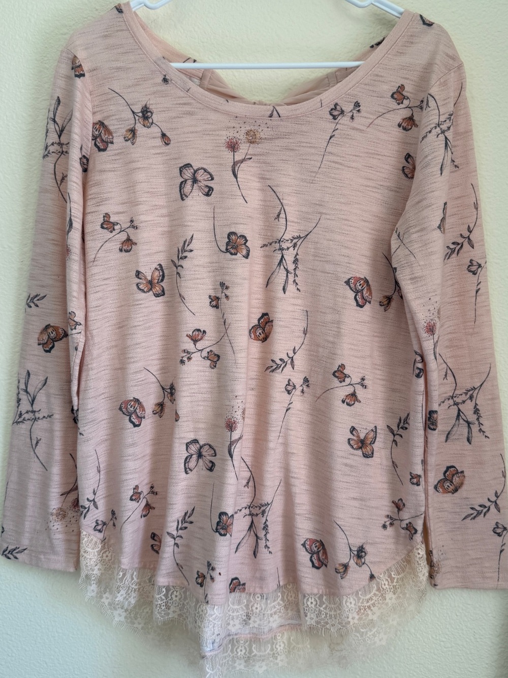 LC Lauren Conrad Pink Floral Lace Trim Tie Back Top Blouse Size M